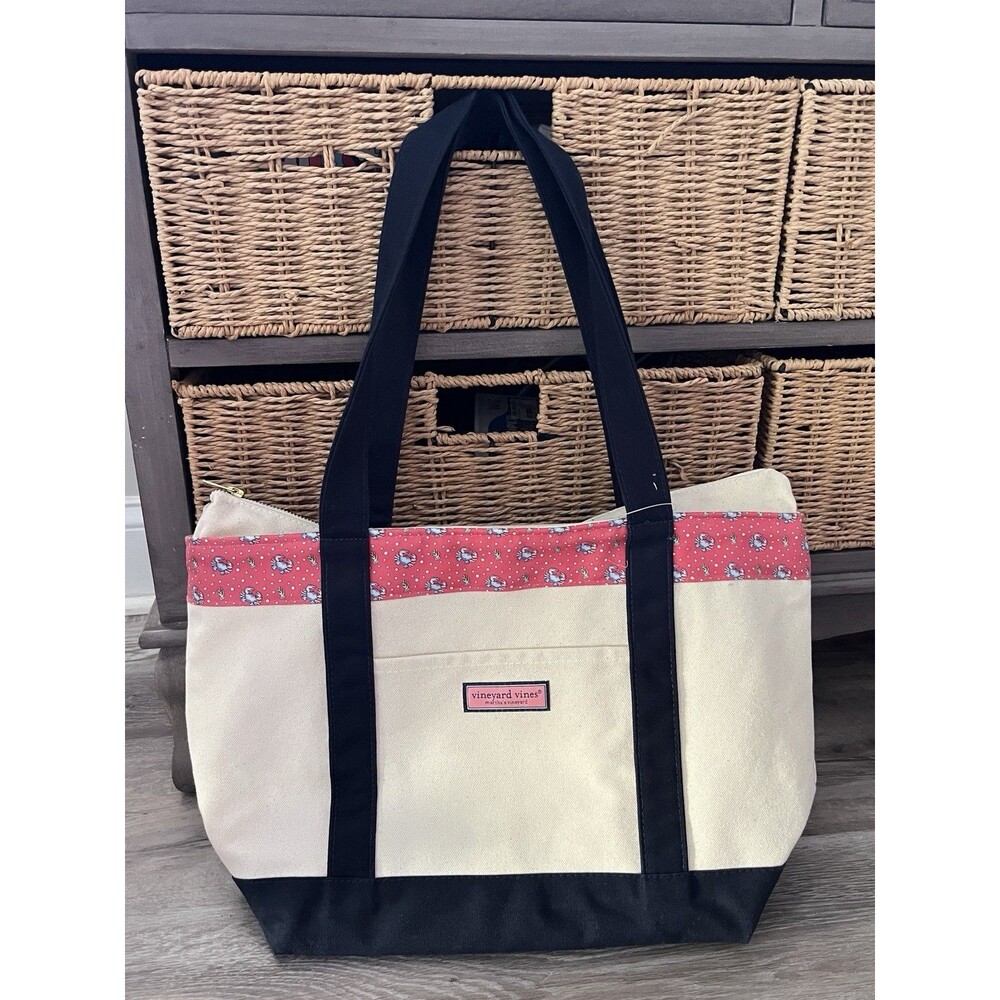 Vineyard Vines Classic Heritage Tote Bag Pink & Navy Crabs Preppy Beach Nice !!